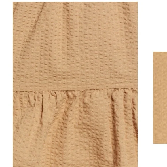 Madewell Seersucker Puff Sleeve Cutout Tiered Mini Dress XL Camel Tan NWT - Picture 6 of 10